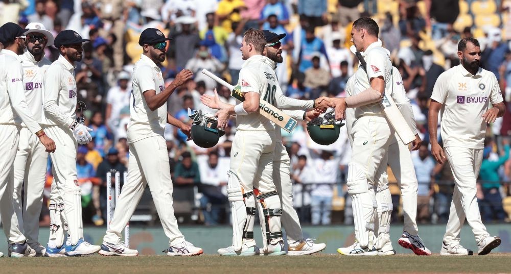 Nagpur :Australia's Scott Boland and Steve Smith,shake hands with Indian players after India won the first cricket test match against Australia in Nagpur,on Saturday, Feb. 11, 2023.(Photo:Raj Kumar/IANS)
