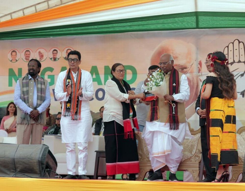 Chumukedima: Congress President Mallikarjun Kharge being felicitated during an election rally ahead of Nagaland Assembly election, at Diphupar Village, Chumukedima, on Tuesday, Feb. 21, 2023. (Photo:IANS/Twitter)