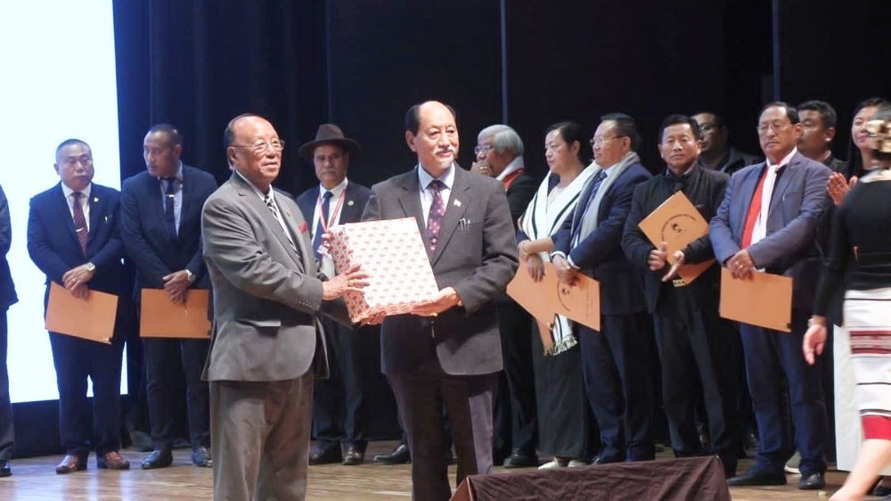 NDPP President Chingwang Konyak and Nagaland CM Neiphiu Rio at the NDPP’s ticket distribution programme in Kohima on February 3.