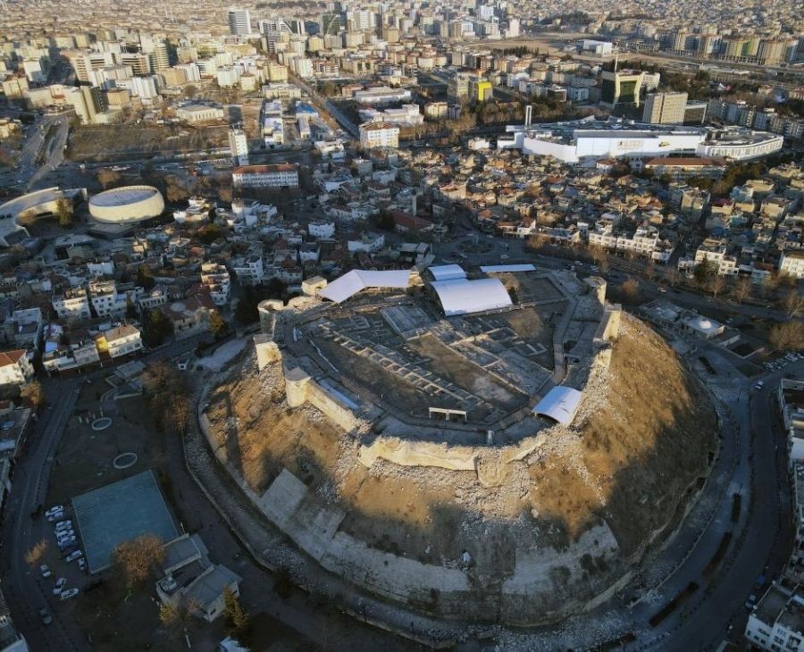 The aerial photo taken on Feb. 10, 2023 shows Gaziantep Castle damaged in the devastating earthquakes in Gaziantep, Turkey. The catastrophic earthquakes that rocked Turkey and Syria on Monday did not only lead to huge human casualties but also heavily damaged the cultural memory of a region famous for its rich history. Many ancient heritage sites have been destroyed in the disaster. Among them is the Roman-era Gaziantep Castle, a 2,000-year-old monument that used to be a prized cultural and tourist landmark of Gaziantep city. (Photo by Mustafa Kaya/Xinhua)