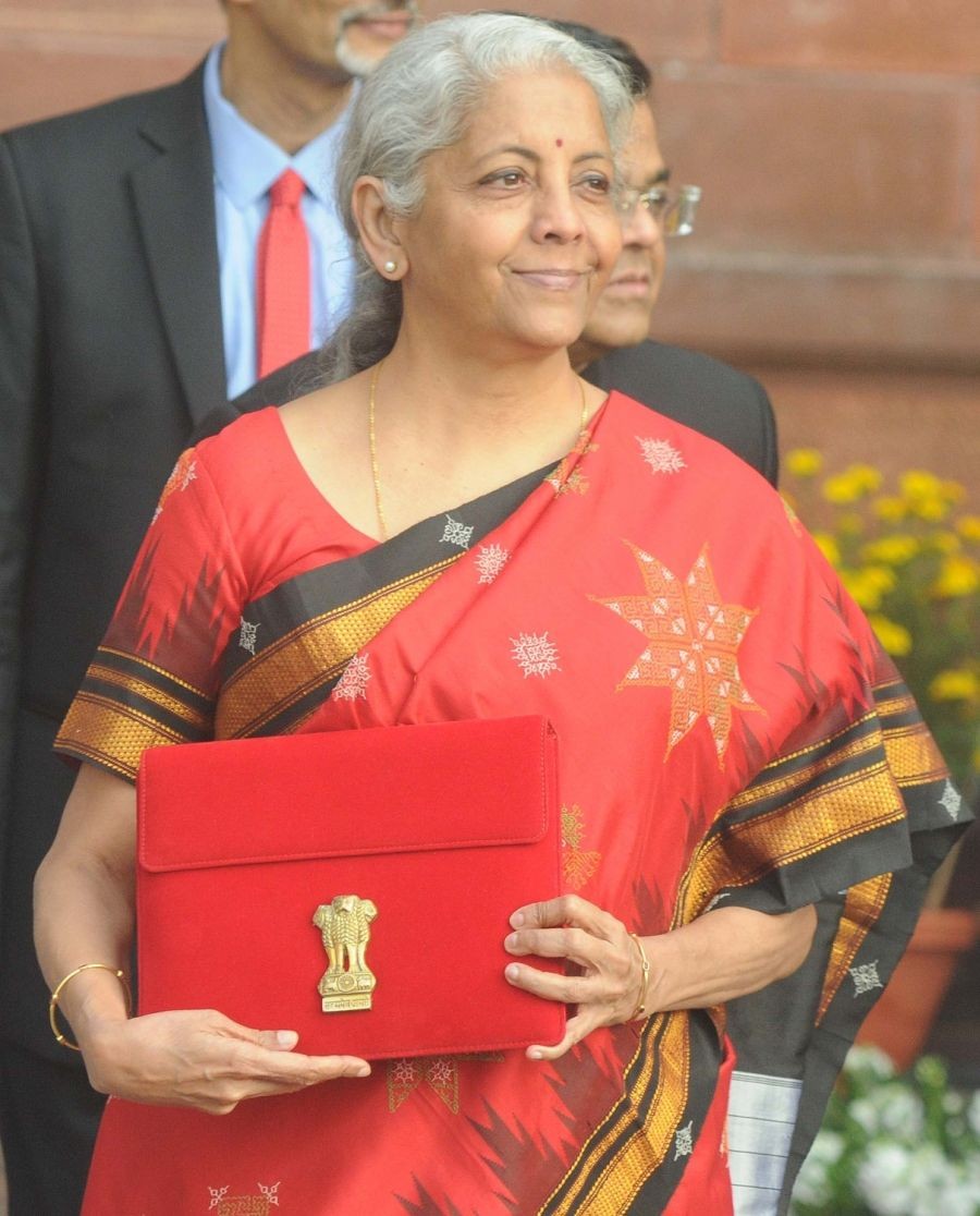 New Delhi :Finance Minister Nirmala Sitharaman, leaves her office for President's house before presenting the federal budget for the financial year 2023-24 in the Parliament in New Delhi,on Wednesday, Feb. 1 2023.(Photo:Biplab Banerjee/IANS)