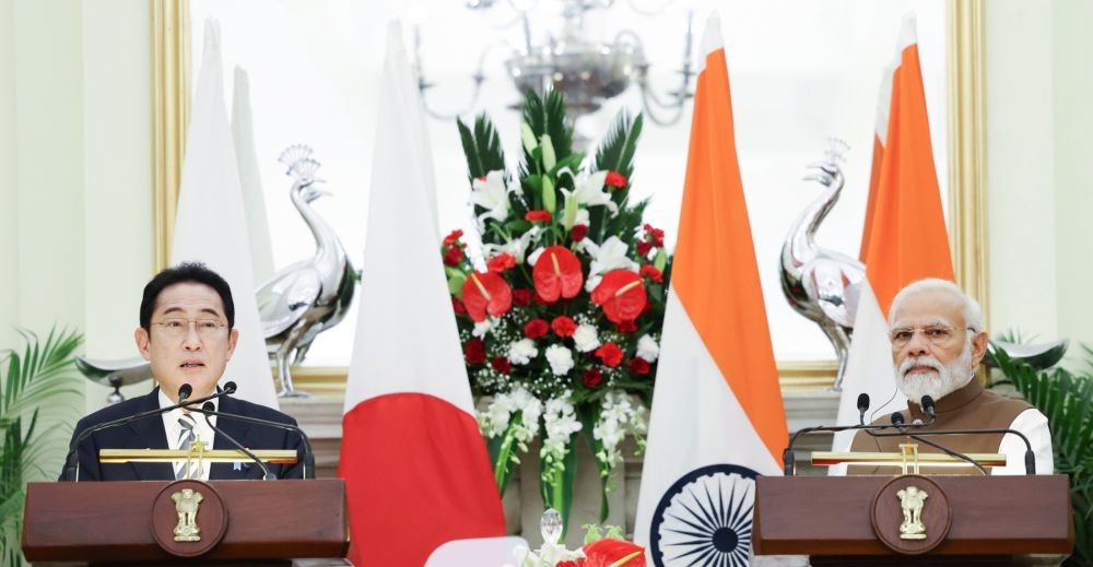 New Delhi: Prime Minister Narendra Modi with Japanese Prime Minister Fumio Kishida during their joint press statement after a meeting at the Hyderabad House, in New Delhi on Monday, March 20, 2023. (Photo:IANS/PIB)