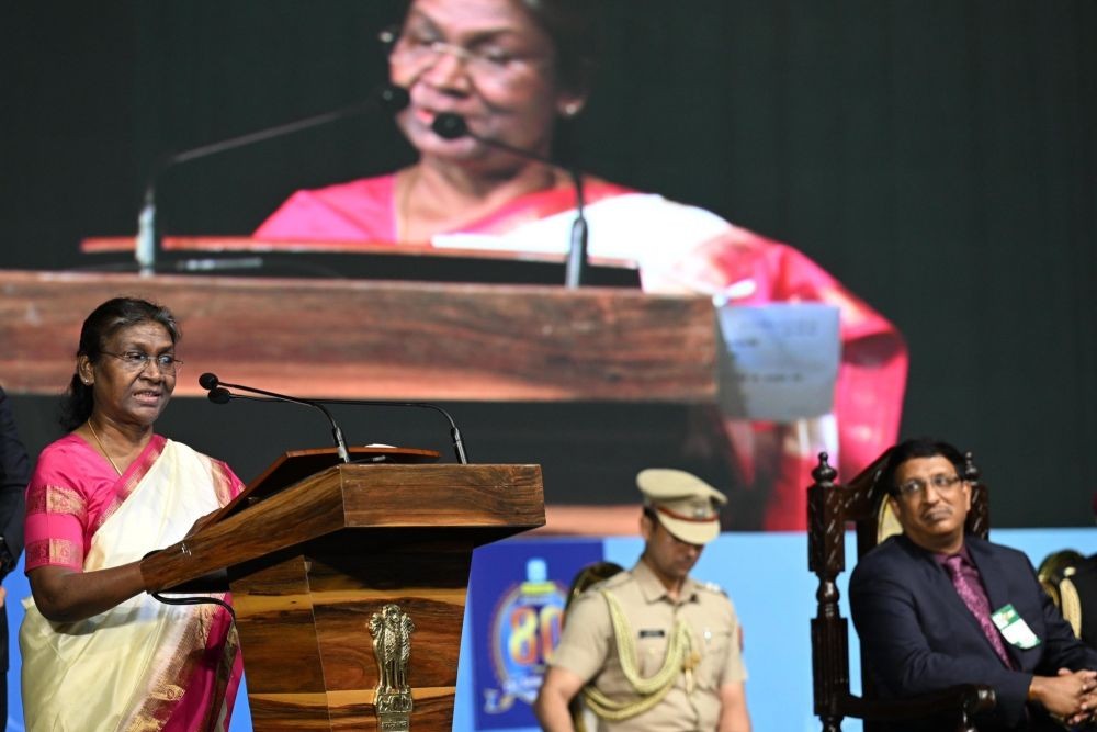 Kolkata: President Droupadi Murmu during an event for the celebration of completion of 80 years of UCO Bank, in Kolkata, on Tuesday, March 28, 2023. (Photo:IANS/Twitter)