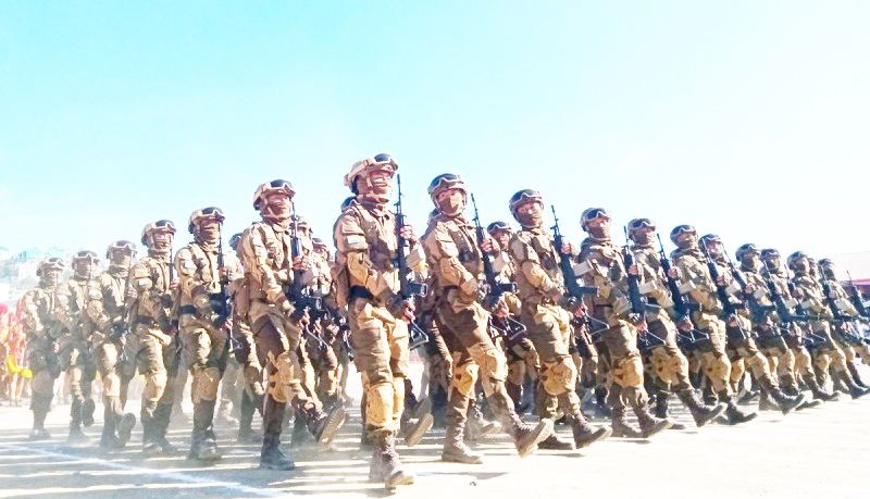 Special Task Force of the Nagaland Police marching during the 57th Statehood Day celebration in Kohima on December 1, 2019. The Nagaland Police has urged for ‘greater adoption’ of modern laws, and police-public partnership for or a peaceful society.  (Morung File Photo)