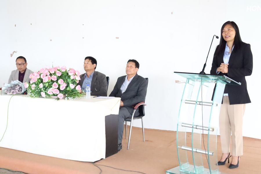 Advisor Hekani Jakhalu Kense addressing the felicitation programme held Directorate of Industries and Commerce, Kohima on March 29.