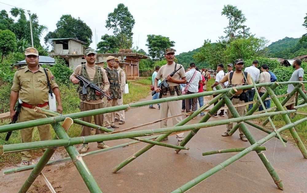Guwahati: Assam Police personnel guard Umlapar, a border village claimed by both Meghalaya and Assam, in West Karbi Anglong district of Assam on Thursday, August 26, 2021.(Photo: Anuwar hazarika/IANS)
