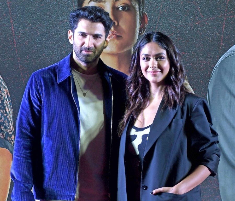 Mumbai: Bollywood actor Aditya Roy Kapoor and actress Mrunal Thakur during the trailer launch of his upcoming film 'Gumraah', in Mumbai on Thursday, March 23, 2023. (Photo: IANS)