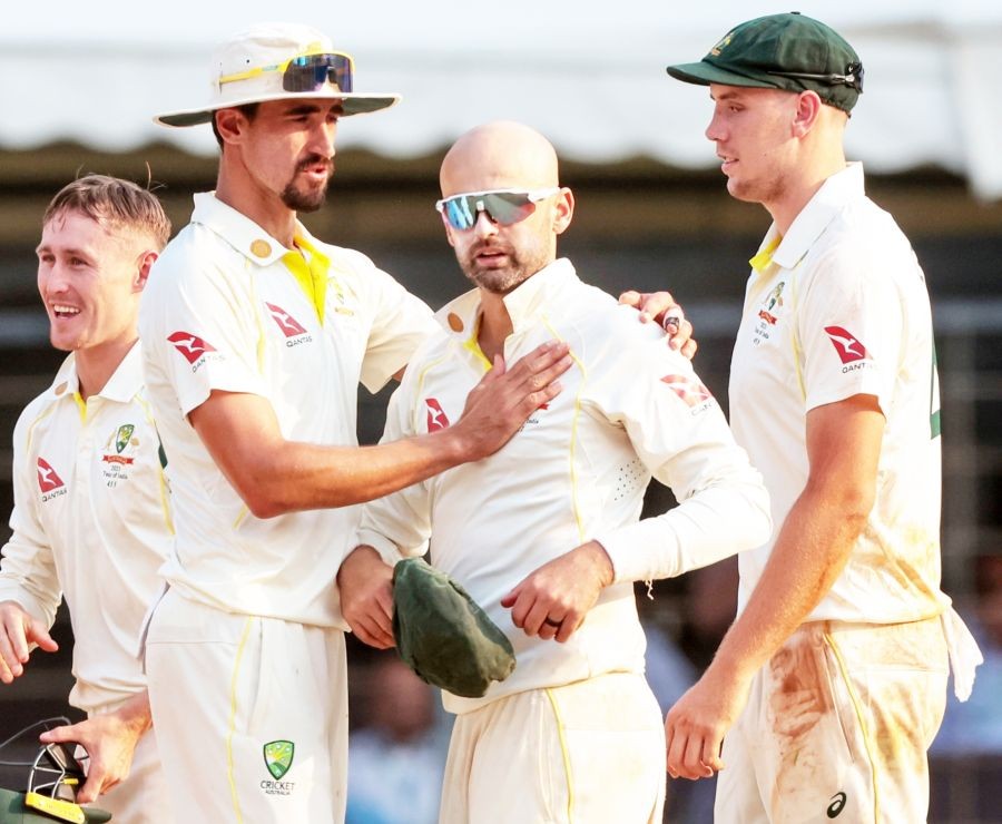 Indore: Australia's Nathan Lyon celebrate the dismissal of India's Mohammed Siraj during the second day of third cricket test match between India and Australia in Indore on Thursday, March 2, 2023.(Photo:Raj Kumar/IANS)