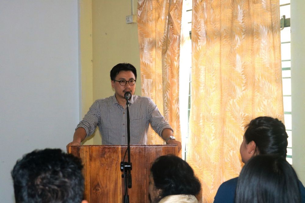 Neikolie Kuotsu speaking during the inaugural programme of drama club at Patkai Christian College on March 22.