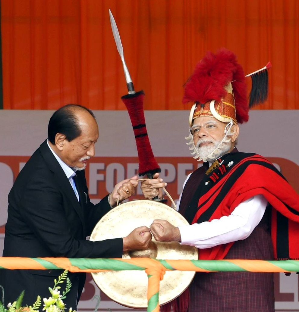Dimapur: Prime Minister Narendra Modi being felicitated by Nagaland CM Neiphiu Rio felicitates ahead of his public meeting, in Dimapur on Friday, Feb. 24, 2023.  (Photo: Twitter)