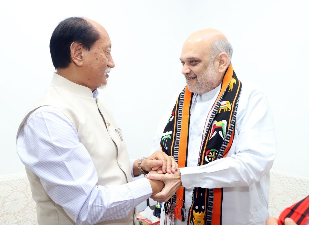 New Delhi: Union Home Minister Amit Shah with Nagaland Chief Minister Neiphiu Rio during a meeting, in New Delhi on Monday, March 13, 2023.(Photo:IANS/Twitter)