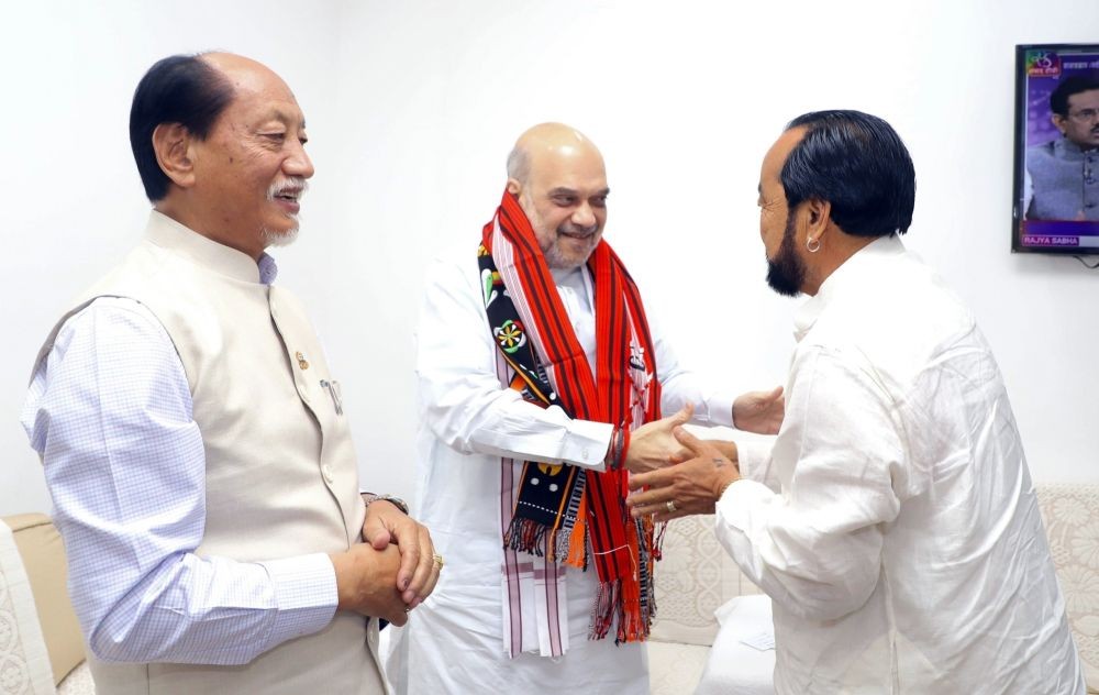 New Delhi: Union Home Minister Amit Shah with Nagaland Chief Minister Neiphiu Rio during a meeting, in New Delhi on Monday, March 13, 2023.(Photo:IANS/Twitter)