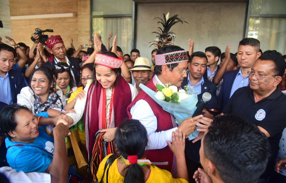 Shillong: NPP chief Conrad Sangma celebrates his victory with supporters in Meghalaya assembly elections, at his residence in Shillong on Thursday, March 2, 2023. (Photo: Anuwar hazarika/IANS)