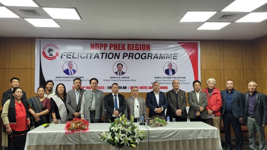 KG Kenye, Kudecho Khamo and Z Nyusietho Nyuthe with others during NDPP Phek region felicitation programme in Kohima on March 14. (Morung Photo)