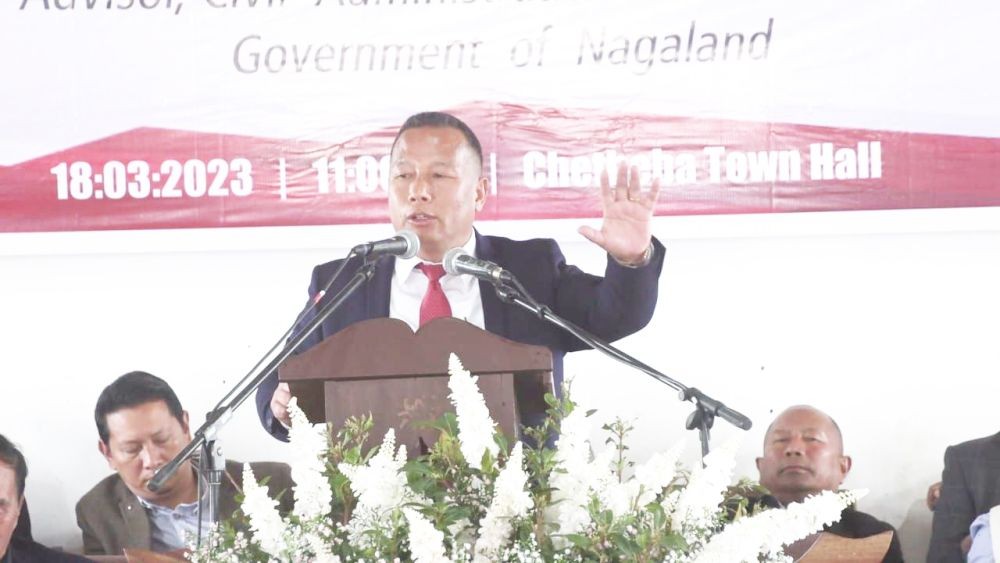 MLA Kudecho Khamo speaking during the thanksgiving service at Chetheba on March 18.