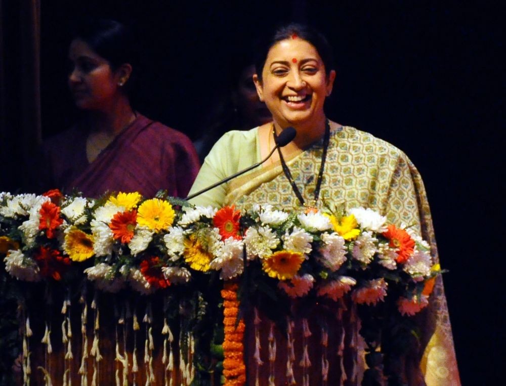 New Delhi: Union Minister Smriti Irani addresses during International Women's Day Function in New Delhi on Sunday, March 05, 2023. (Photo: Qamar Sibtain/IANS)