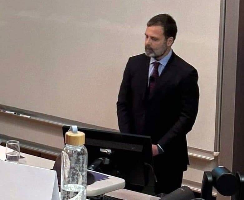 London: Congress leader Rahul Gandhi in a new look with a trimmed beard, during an event at the University of Cambridge in London, United Kingdom. (Photo:IANS/Twitter)