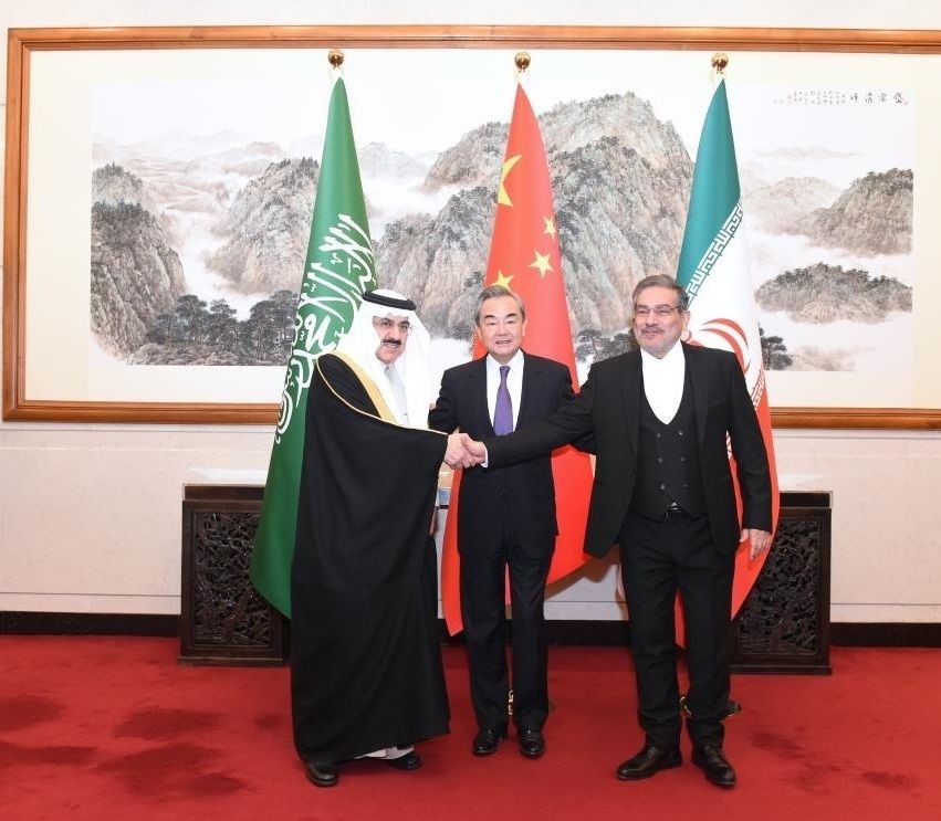 Wang Yi, a member of the Political Bureau of the Communist Party of China (CPC) Central Committee and director of the Office of the Foreign Affairs Commission of the CPC Central Committee, presides over the closing meeting of the talks between a Saudi delegation and an Iranian delegation in Beijing, capital of China, March 10, 2023. (Xinhua/Luo Xiaoguang/IANS)
