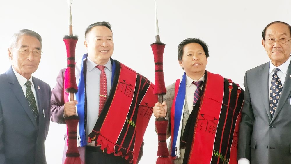 NPF President Dr Shurhozelie Liezietsu, Working President Apong Pongener with Kuzholuzo Nienu and Achumbemo Kikon in Kohima on March 18. (Morung Photo)