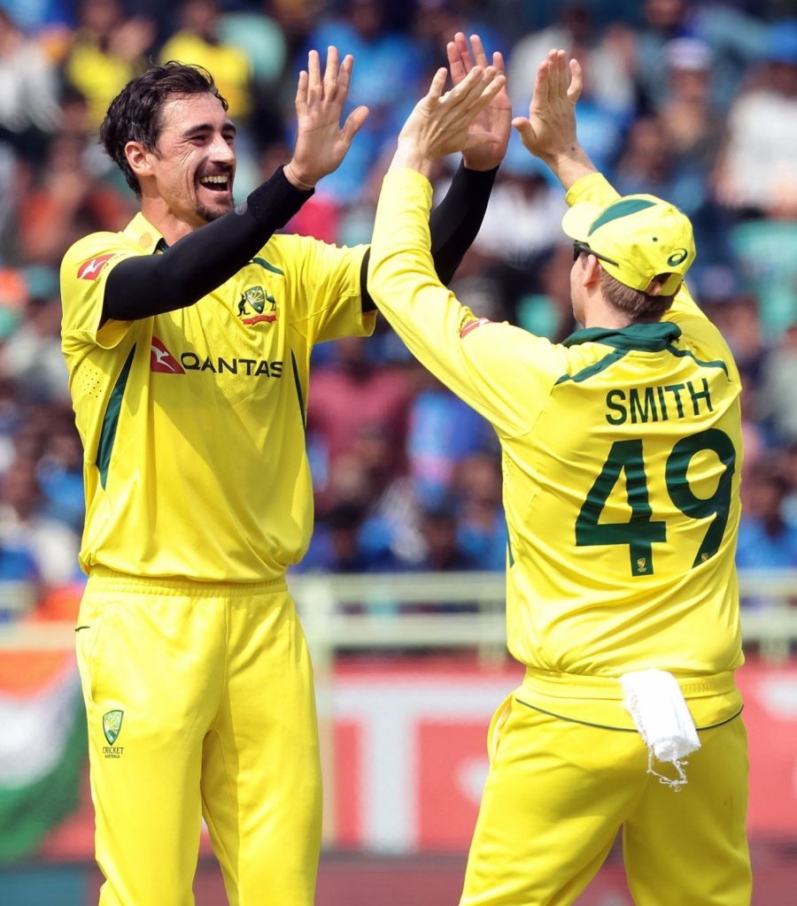 Visakhapatnam : Australia;'s Mitchell Starc celebrate a dismissal with teammates during the second one-day international cricket match between India and Australia at YS Raja Reddy Cricket Stadium in Visakhapatnam on Sunday, March 19, 2023.(Photo:Raj Kumar/IANS)