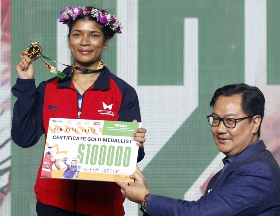 New Delhi: India's Nikhat Zareen poses with Gold medal during award ceremony, after winning over VietnamÃ¢Â€Â™s Nguyen Thi Tam in 50 kg finals at the 2023 IBA Women's Boxing World Championships in New Delhi on Sunday, March 26, 2023. (Photo: IANS/Wasim Sarvar)