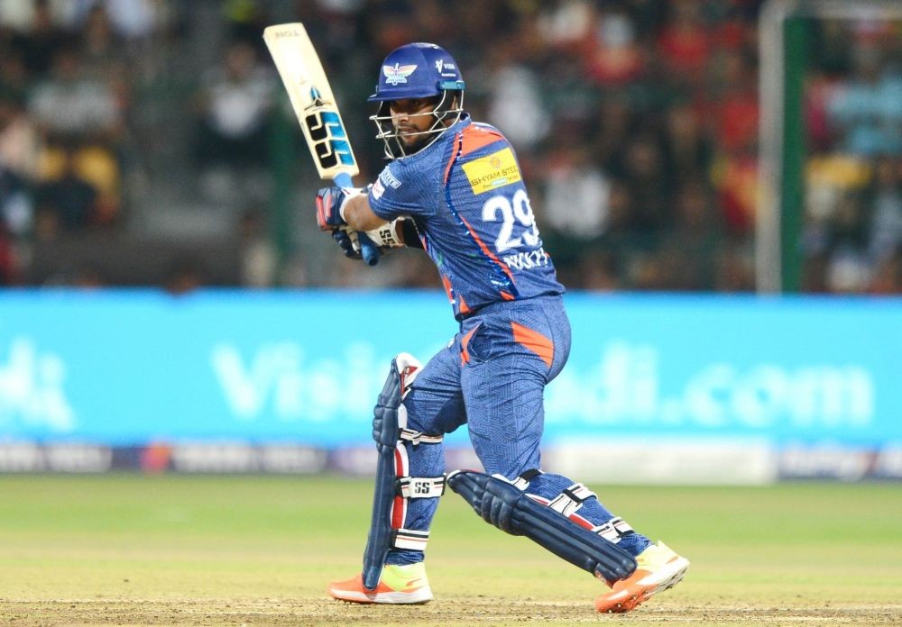 Bengaluru : LSG's Nicholas Pooran plays a shot during the IPL 2023 match between Royal Challengers Bangalore and Lucknow Super Giants, at M Chinnaswamy Stadium in Bengaluru on Monday, April 10, 2023(Photo:IANS)