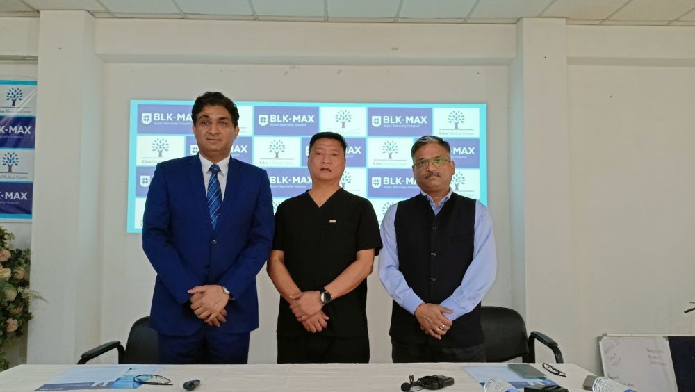 (Left to right) Dr Puneet Girdhar, Head of Orthopaedic Spine Surgery at the BLK-Max Super Speciality Hospital, New Delhi; Dr Lima Imchen, Managing Director of Eden Medical Centre, Dimapur; and Abhinay Jain, Head of Sales & Marketing, BLK-Max at the press conference at the Eden Medical Centre on April 21. (Morung Photo)