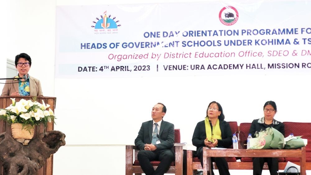 Kevileno Angami addressing orientation programme for heads of Government Schools under Kohima and Tseminyu district in Kohima on April 4. (Morung Photo)