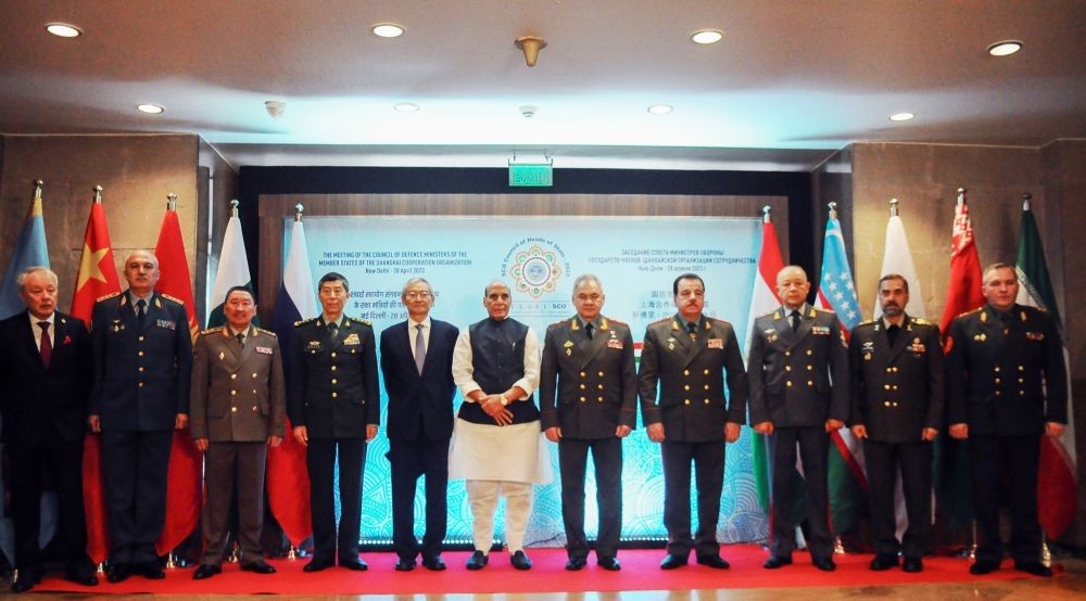 New Delhi: Defence Minister Rajnath Singh along with other Defence Ministers during the group photograph at Shanghai Cooperation Organisation (SCO) Defence Ministers' Meeting in New Delhi on Friday, April 28, 2023. (Photo:Qamar Sibtain/ IANS)