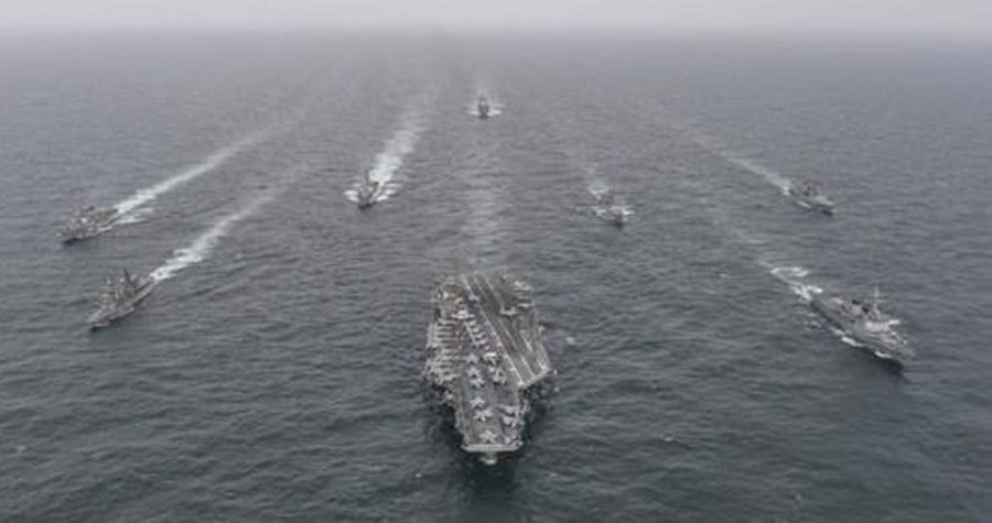 This photo, provided by the South Korean Navy, shows South Korea, U.S. and Japanese warships conducting joint drills in international waters south of the Korean Peninsula on April 4, 2023.(Yonhap/IANS)