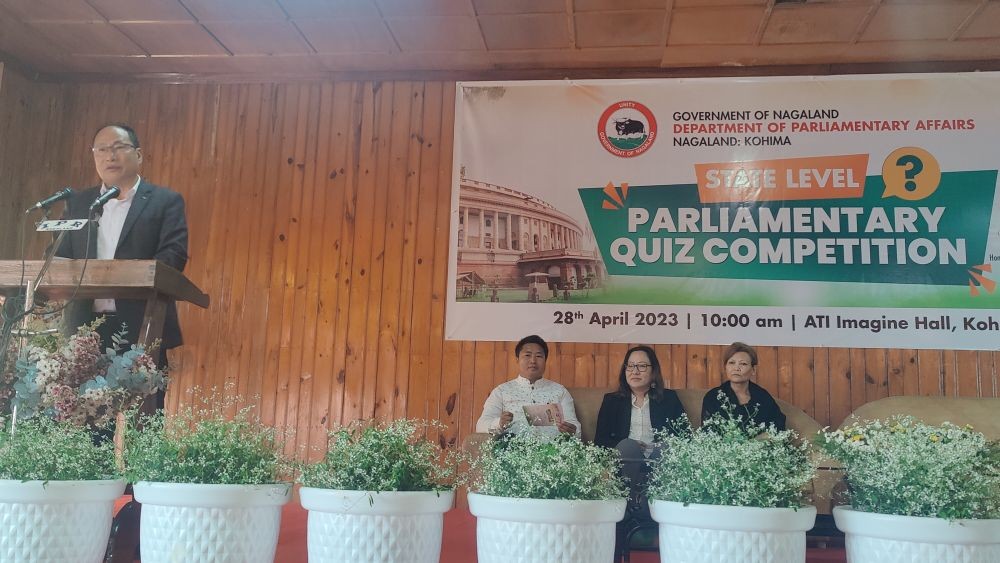 Commissioner & Secretary, Youth Resources & Sports, Parliamentary Affairs, Wezope Kenye addressing the students during the State Level Parliamentary Quiz competition at ATI Kohima on April 28.
