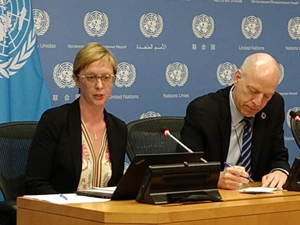 Sarah Hertog, Senior Population Affairs Officer of the United Nations Population Division, left, and John Wilmoth, Director of the Population Division, brief reporters on Monday, April 24, 2023, about India overtaking China as the world's most populous county. (Photo: Arul Louis/IANS)