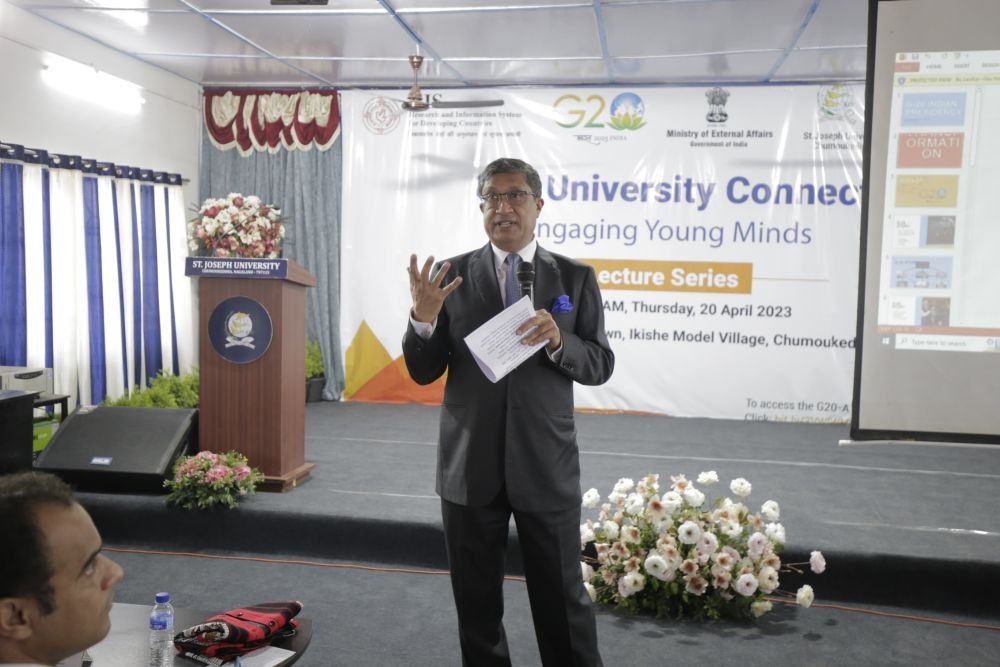 Former diplomat, Sanjay Bhattacharya speaking during the G-20 University Connect programme at St. Joseph University on April 20. (Morung Photo)