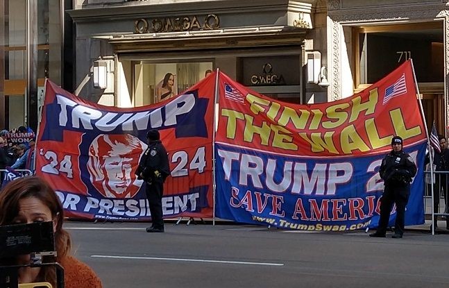 Former President Donald Trump's supporters protest near Trump Tower in New York on Monday, April 3, 2023, as he arrived to prepare for his arrest the next day (Photo: Arul Louis/IANS)