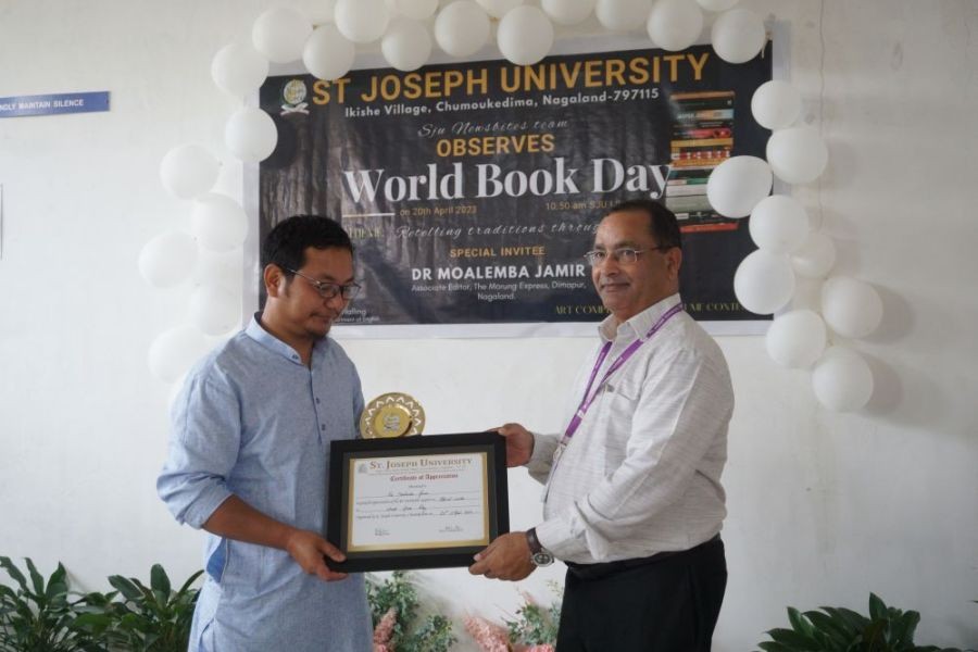 (Left) Dr Moalemba Jamir, Associate Editor, The Morung Express during the ‘World Book Day’ at SJU on April 20.