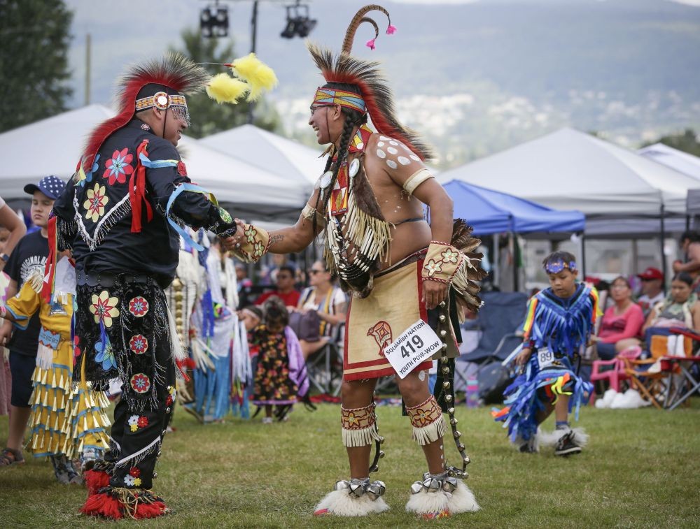 VANCOUVER, July 15, 2019 (Xinhua) -- People shake hands with each other during the 32nd annual Squamish Nation Youth Pow Wow at Capilano Reserve Park in west Vancouver, Canada, July 14, 2019. First Nations people from Canada and the U.S. took part in the 32nd annual Squamish Nation Youth Pow Wow in celebration of indigenous cultures. Pow Wow is an indigenous cultural activity in which people socialize together via different activities like dancing, singing, and honouring the traditions of their ancestors. (Xinhua/Liang Sen/IANS)