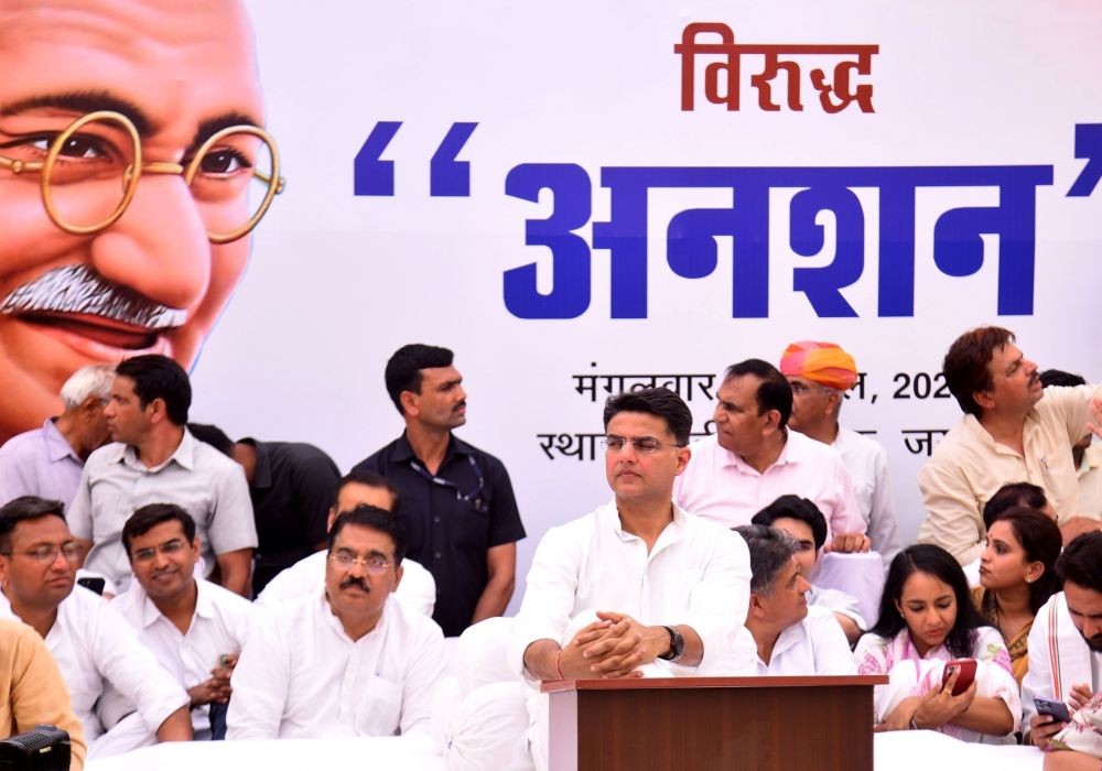 Jaipur: Congress leader Sachin Pilot sits on a day long hunger strike against the alleged corruption during the previous BJP government in Rajasthan, at Shaheed Smarak in Jaipur on Tuesday, April 11, 2023. (Photo: IANS/Ravishankar Vyas)