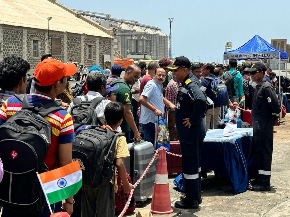 Port Sudan: Evacuees queue up to board INS Teg departing from Port Sudan under Operation Kaveri, on Thursday, April 27, 2023. (Photo: IANS/Twitter)