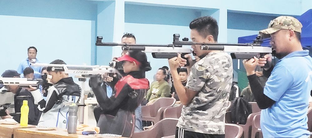 Participants during the 6th Open Air Rifle Shooting Tournament 2023 for both men and women at Pele Khezhie’s Indoor Stadium, D Khel Kohima village on April 15.