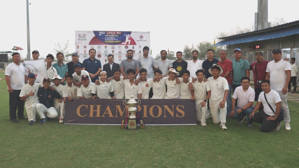 Team Chümoukedima with the champions trophy after winning the 3rd edition of the Late G Rio Memorial U-19 (boys) inter-district cricket tournament held at Nagaland Cricket Stadium, Chümoukedima. (Photo Courtesy: NCA)
