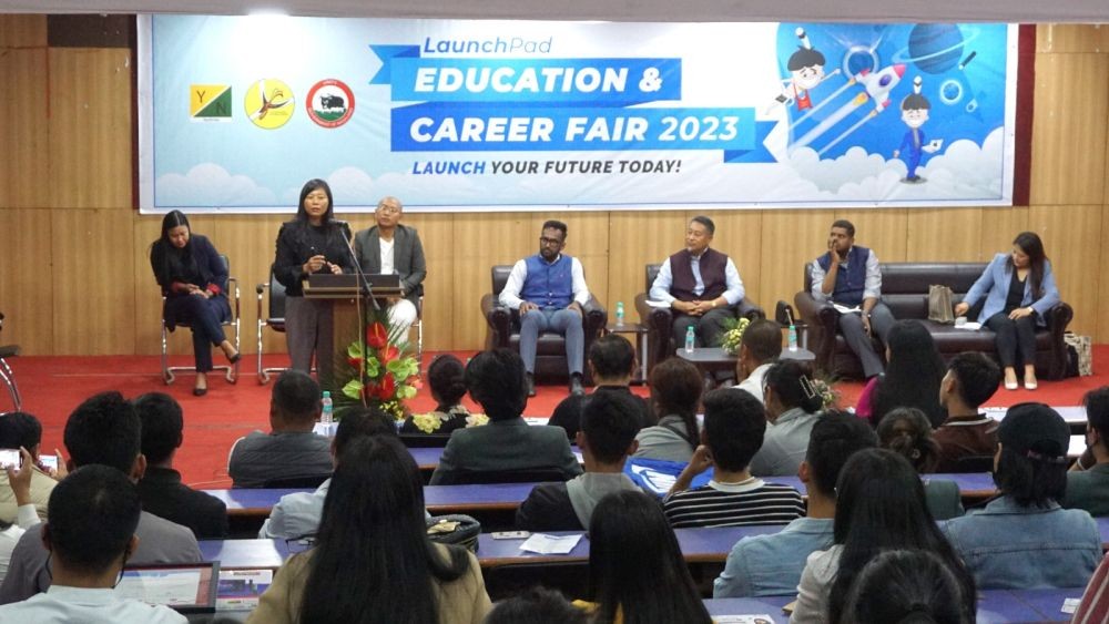 Advisor Hekani Jakhalu speaking at the LaunchPad Education & Career Fair Kohima held on April 14.
