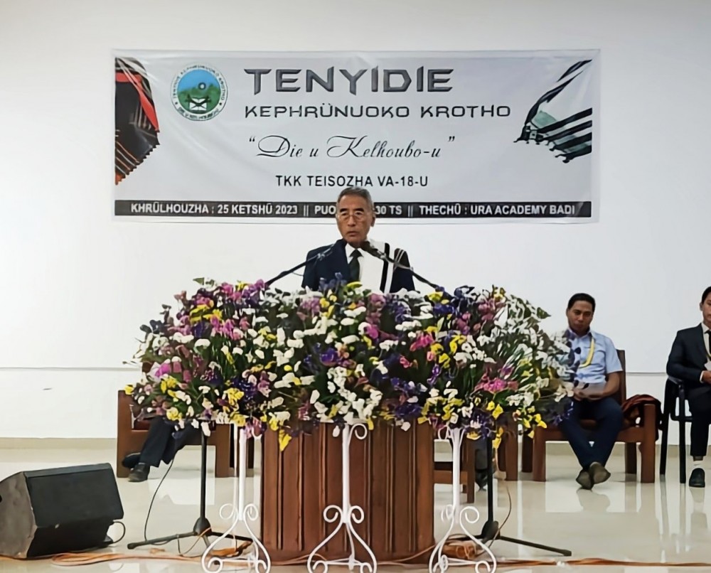 Ura Academy president, Dr Shürhozelie Liezietsu addressing the 18th Foundation Day of Tenyidie Kephrünuoko Krotho (TKK) at Ura Academy Hall, Kohima on April 25. 