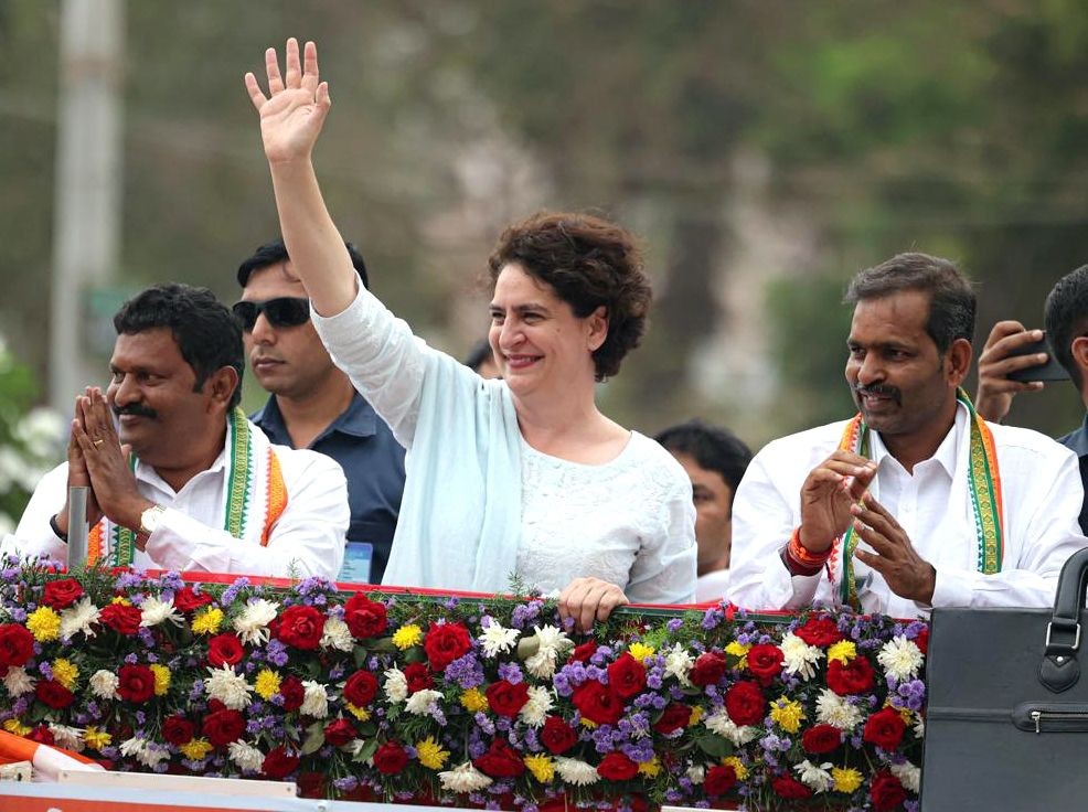 Mysore: AICC General Secretary Priyanka Gandhi Vadra holds a roadshow ahead of the Karnataka Assembly elections 2023, in Mysore district, on Tuesday, April 25, 2023.  (Photo:IANS/Twitter)