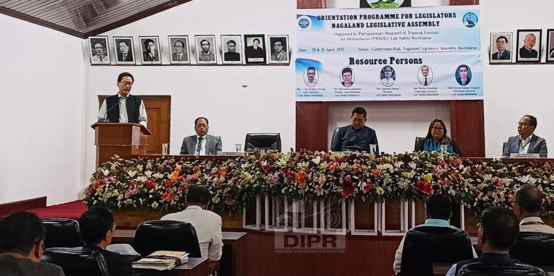 Minister for Power and Parliamentary Affairs, K.G Kenye delivering valedictory address at the orientation programme for legislators of the Nagaland Legislative Assembly on April 26. (DIPR Photo)