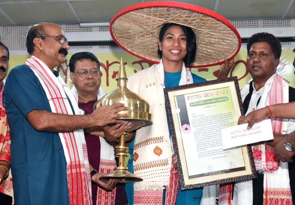 Nagaon: IBA womenÃ¢Â€Â™s world boxing champion Lovlina Borgohain being felicitated with a 'Japi', Assamese cap during an event in Nagaon District of Assam on Apr 10 , 2023. (Photo: Anuwar hazarika/IANS)