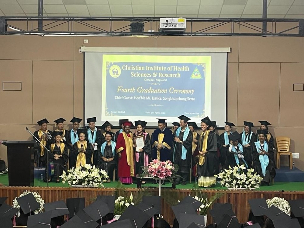 A section of graduating students of CIHSR seen with Justice, Songkhupchung Serto, Chairperson, Nagaland State Human Rights Commission and teachers during the 4th graduating ceremony held at LG Hall, CIHSR on Friday. (Morung Photo)