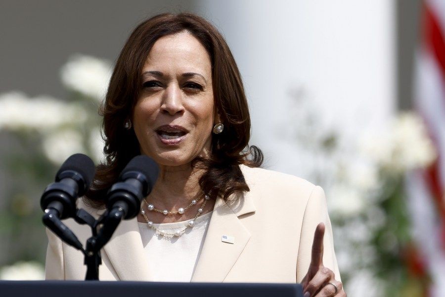 U.S. Vice President Kamala Harris (L) speaks after U.S. President Joe Biden signed the Emmett Till Anti-Lynching Act in the Rose Garden of the White House in Washington, D.C., the United States, on March 29, 2022. (Xinhua/Liu Jie/IANS)
