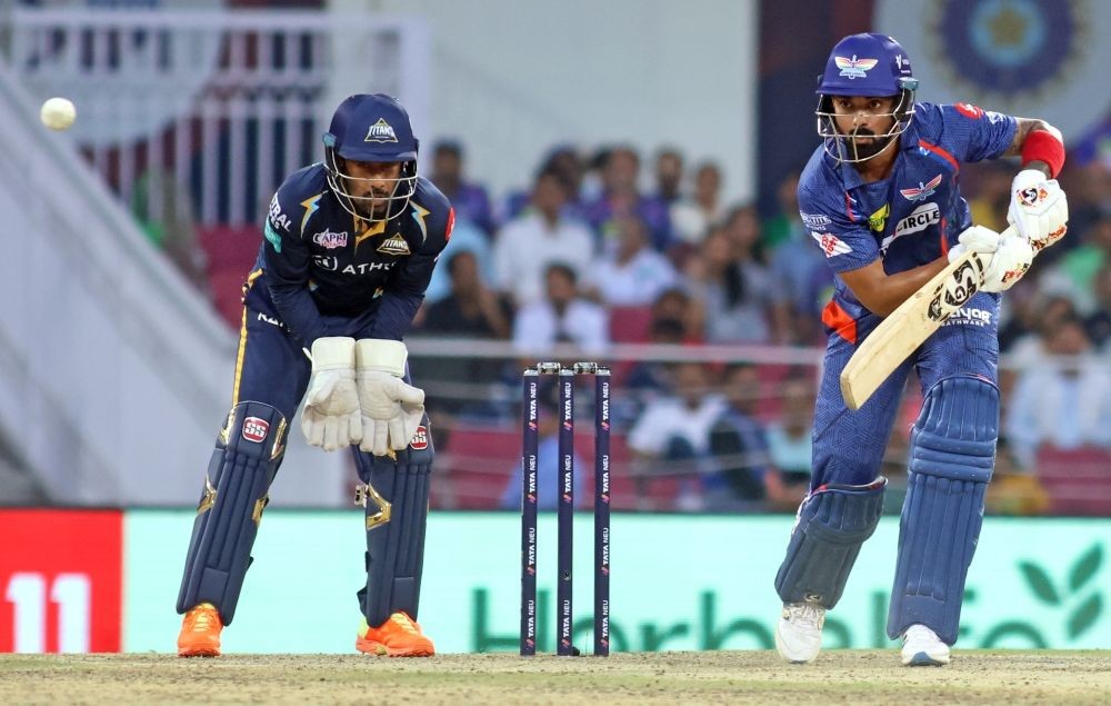 Lucknow : LSG captain KL Rahul plays a shot during the IPL 2023 match between Lucknow Super Giants and Gujarat Titansat at Ekana Cricket Stadium in Lucknow on Saturday, April 22, 2023. (IANS/Biplab Banerjee)