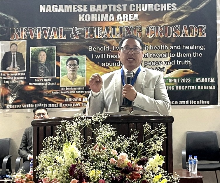 Rev PK Jacob, Pastor, Maram Baptist Church speaking at the revival & healing crusade organized by the Nagamese Baptist Churches, Kohima Area at APO Hall, Kohima on April 30. Speakers for the crusade also include Rev Velavoyi Keyho, Pastor, Phezoucha Nagamese Baptist Church and Bendang, Pastor, New Capital Baptist Church.
