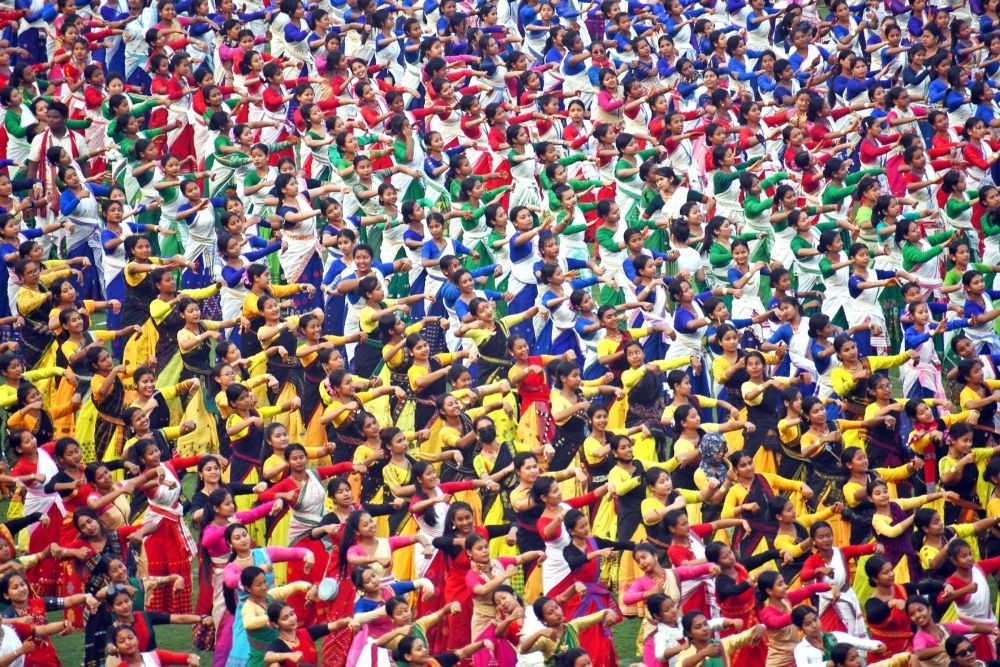 Guwahati: Bihu dancers during rehearsal for the Guinness World Record event, in Guwahati, Tuesday, April 11, 2023. Over 11,000 Bihu dancers will perform in an attempt to set a Guinness World Record, during upcoming Rongali Bihu festival celebrations on April 14.(Photo: Anuwar hazarika/IANS)
